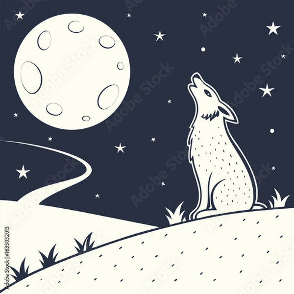 Fototapeta Night sky with moon and stars in vector flat design, white ground area for text overlay.