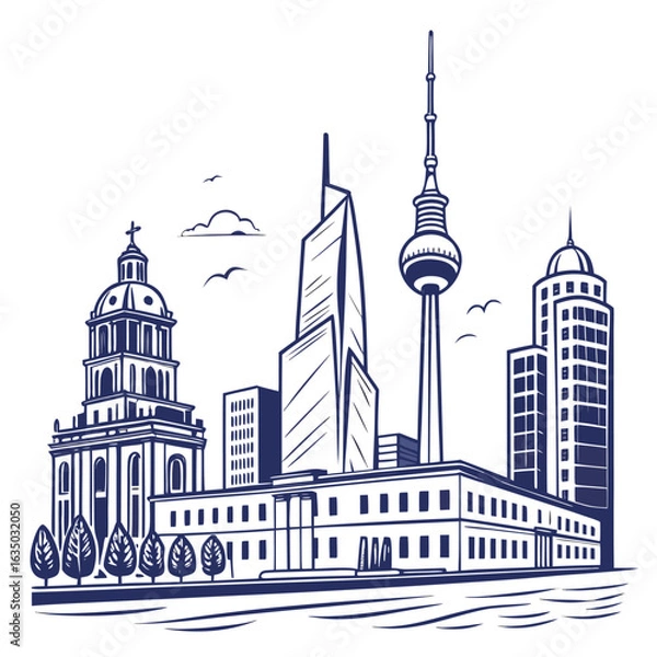Fototapeta Flat city skyline background in modern vector style, clean white backdrop with blue tones.
