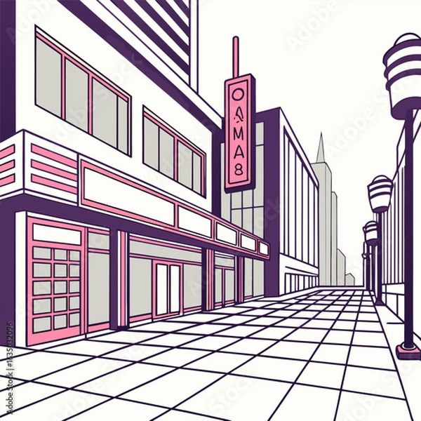 Fototapeta 80s synthwave cityscape in minimalist vector style with grid floor and white sky.