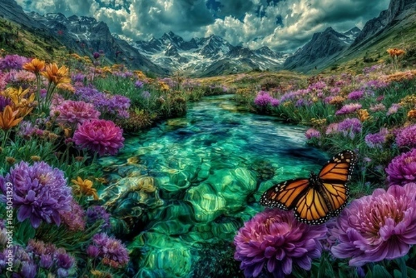 Fototapeta A monarch butterfly with vibrant orange wings is feeding on a purple flower in a summer mountain landscape