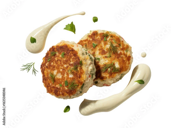 Fototapeta Two delicious salmon patties with creamy sauce and herbs isolated on transparent background