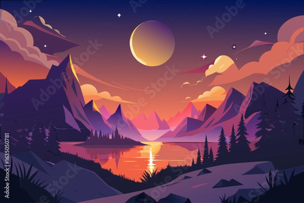 Fototapeta vector of The sunset between two mountains, when the sky is full of beautiful stars and the moon, and we see a beautiful sky. It makes the nature and the plain beautiful.