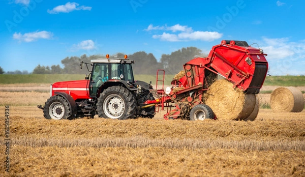 Obraz Tractor with round baler on the harvested grain field - 0167