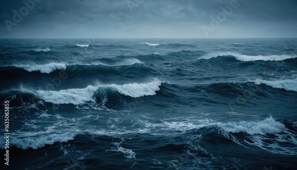 Fototapeta Turbulent ocean waves crash under dark, stormy sky creating moody, dramatic seascape. Rough blue water moves with wild energy towards horizon under cloudy, windy weather condition. Powerful natural