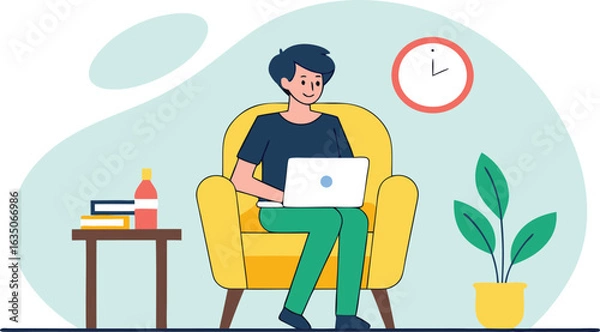 Fototapeta Freelance worker using laptop in cozy home environment illustrating remote work and work from home concept