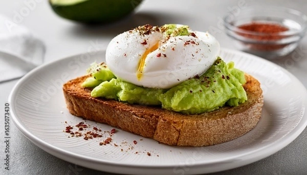 Fototapeta delicious avocado toast with mashed avocado and a perfectly poached egg sprinkled with spices on a white plate ideal breakfast