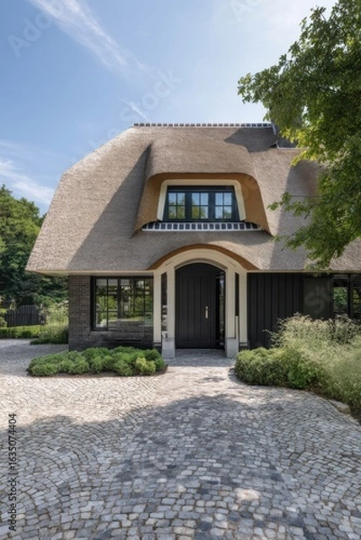 Fototapeta Modern thatched roof house with landscaped entrance in a serene neighborhood during a sunny day attracts attention with its unique architectural style