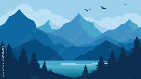 Fototapeta Serene blue mountain landscape with lake and birds