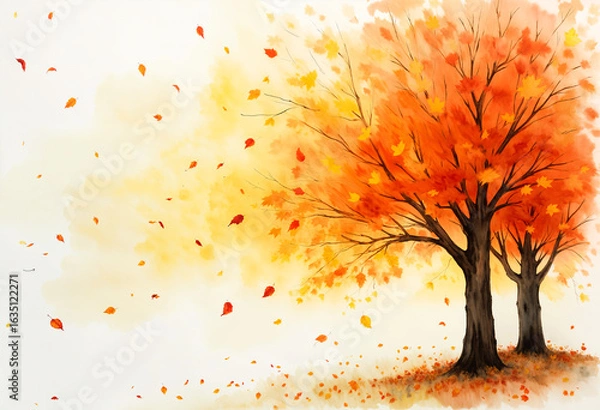 Fototapeta autumn trees with leaves blowing in the wind, on a white background