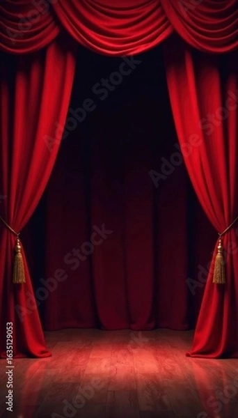Fototapeta Deep red curtains pulled back revealing empty stage, magic, red backdrop, dark stage
