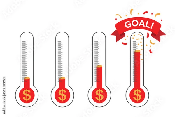 Fototapeta Four thermometers showing progress towards a fundraising goal with dollar signs