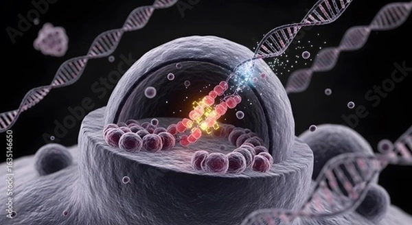 Fototapeta A detailed 3D rendering of a biological cell's nucleus, illustrating the complex process of DNA replication.