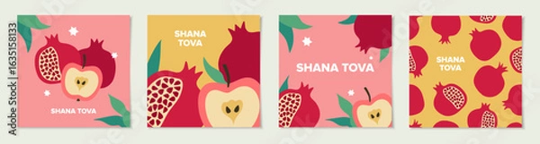 Fototapeta Jewish New Year card design set. Rosh Hashanah symbol pomegranate and apple. Happy New Year. Vector illustration	