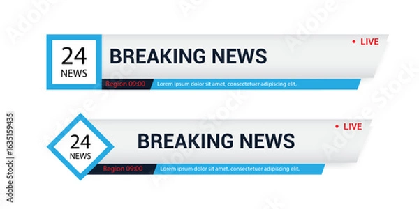 Fototapeta Collection of TV lower third templates, including banners and bars for news, sports, streaming, and broadcasting, ideal for video editing projects.