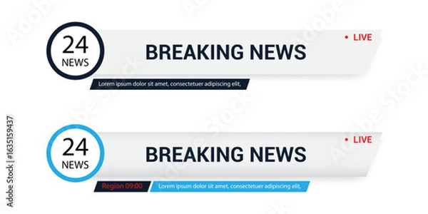 Fototapeta Collection of TV lower third templates, including banners and bars for news, sports, streaming, and broadcasting, ideal for video editing projects.