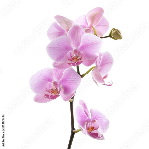 Fototapeta Close-up of a delicate pink orchid.  A cluster of blossoms with a light pink hue and subtle darker pink veining.  Stem and buds are visible.  Isolated against a black background