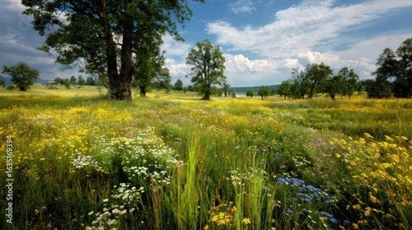 Obraz Serene Summer Meadow Landscape: A Vibrant Tapestry of Wildflowers Under a Sunny Sky