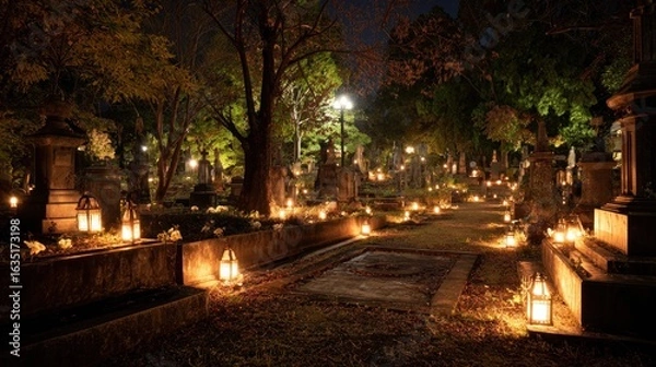 Obraz Nighttime Serenity: Illuminated Graves in a Japanese Cemetery