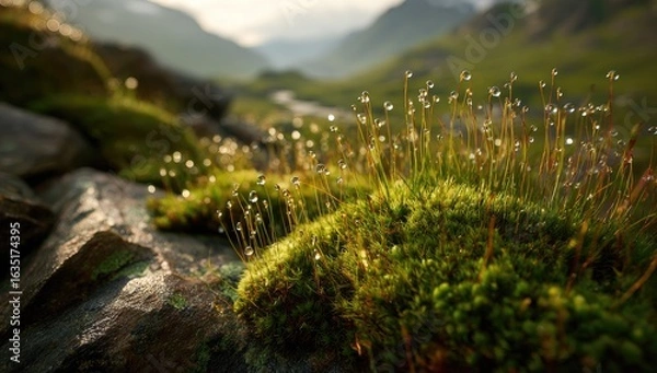 Obraz Dew-kissed moss on rocks, mountain sunrise, nature background,  ecology