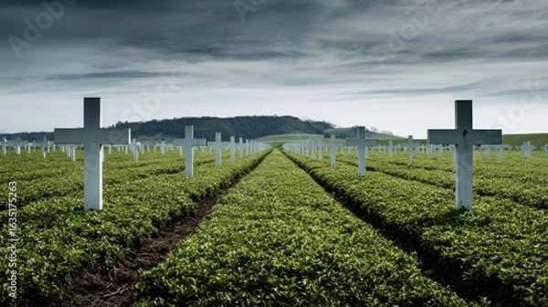 Obraz Rows of White Crosses in a Verdant Field Under a Cloudy Sky