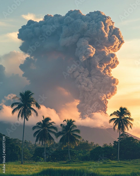 Obraz Massive Volcanic Eruption with Towering Ash Cloud over Tropical Landscape at Sunset, Palm Trees Silhouetted in Foreground