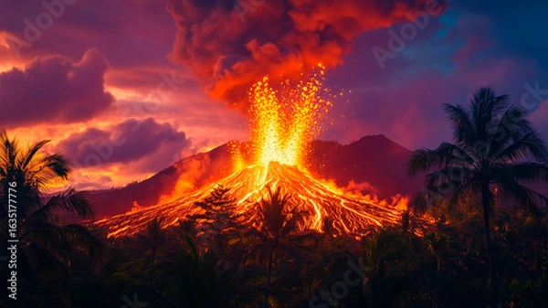 Obraz Erupting Volcano in Tropical Jungle at Sunset with Lava and Ash Plume