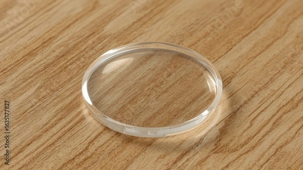 Fototapeta 
Floating Transparent Glass Circle – Smooth Bevel and Sharp Detail on Natural Wood Texture with Warm Tones and Soft Shadows in Lucid Realism Photorealistic Style