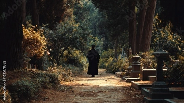 Obraz Solitary Figure in a Cemetery Path