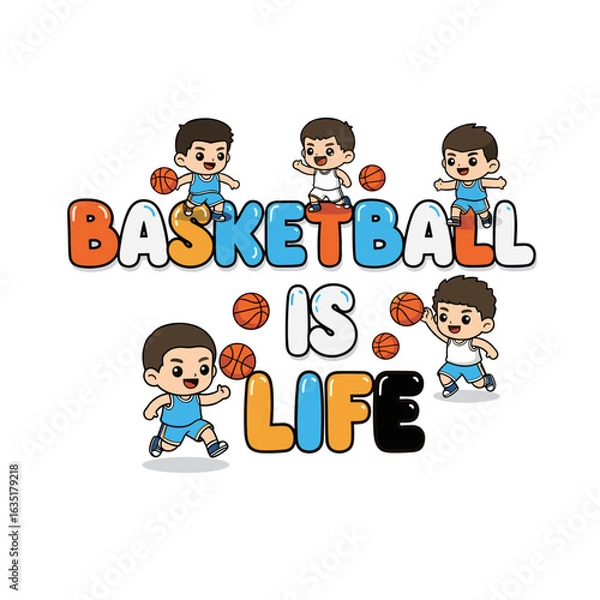 Obraz Cheerful Young Boy Playing Basketball and Celebrating Life in Colorful Cartoon Design