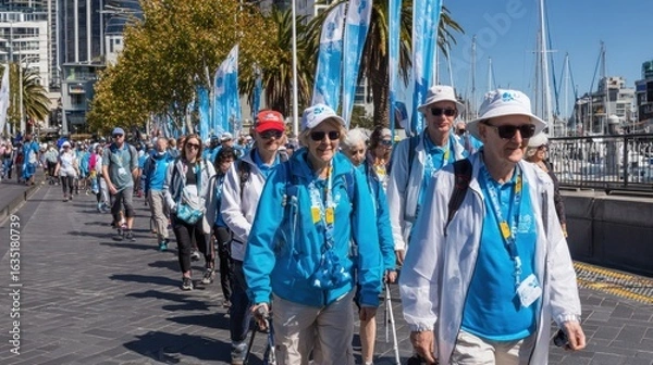 Obraz A vibrant group of walkers participates in a charity walk, enjoying the sunny day and city views.