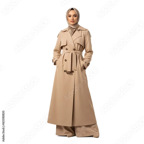 Fototapeta Woman in hijab and long beige trench coat with belt posing against a white studio background view
