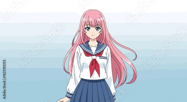 Fototapeta Attractive Anime Girl In School Uniform With Long Pink Hair