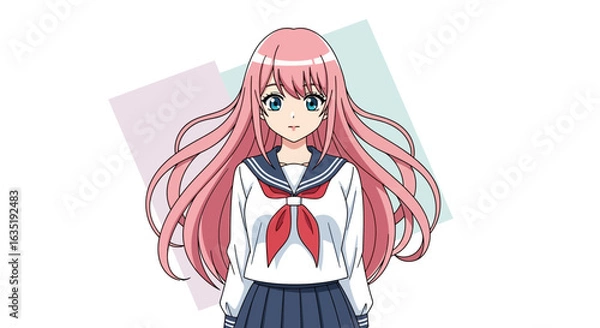 Fototapeta Anime Girl in School Uniform with Pink Hair Character Illustration