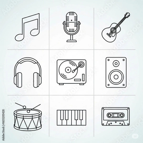 Obraz Music / Audio Icon Set (Line Art). Set of Line Art Icons Themed Around Music and Audio like a Microphone, Guitar, and Headphones. Music, Entertainment, Audio, Instruments.
