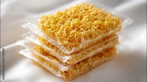 Obraz Stack of Packaged Instant Noodles on White Fabric Background