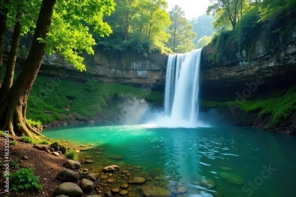 Obraz Misty waterfall plunges into emerald pool, surrounded by ancient trees , river, light, flow