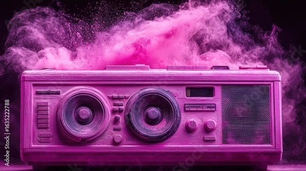 Fototapeta Pink vintage radio, powdered with fuchsia dust