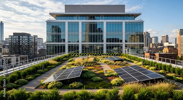 Fototapeta Modern office building with a green roof and solar panels, representing sustainable architecture and renewable energy