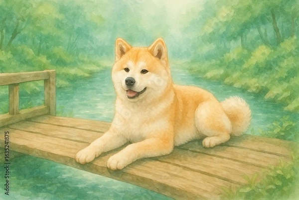 Fototapeta 森の川辺、木の橋でくつろぐ秋田犬