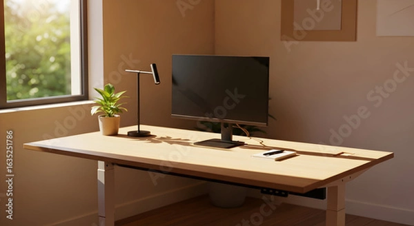 Fototapeta Modern Light Wood Workspace with Computer and Plant in Sunlit Room