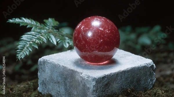 Fototapeta A smooth translucent red sphere rests on a textured gray stone with a blurred green fern in the background