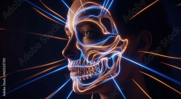 Fototapeta A profile portrait of a person with a glowing neon outline of a human skull superimposed over the face.