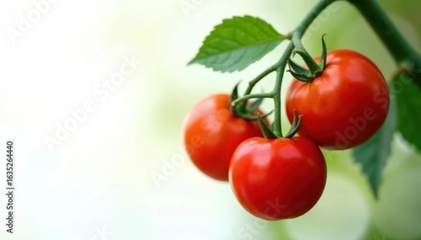 Fototapeta Heavy, plump tomatoes hanging from a green branch , stock photo, photography, element