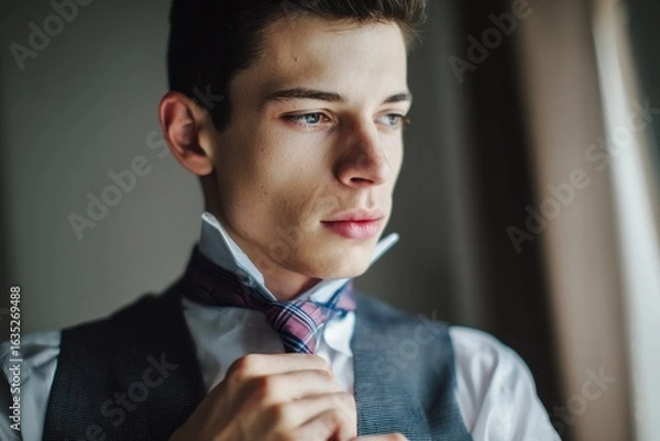 Fototapeta young guy fasten a necktie