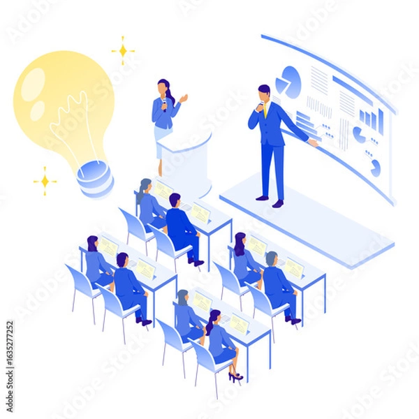 Fototapeta プレゼン中にひらめきが生まれるビジネスセミナーのイラスト（アイソメ）