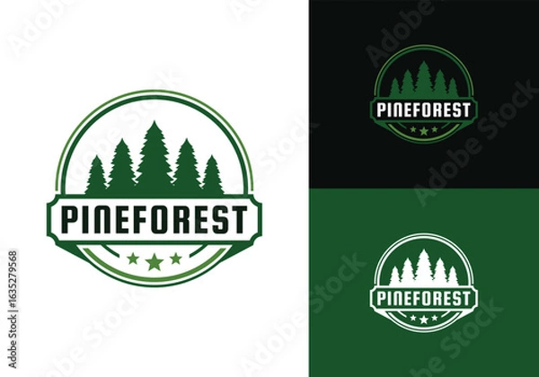 Fototapeta This is a pine forest logo with a vintage badge style. This logo is suitable for forestry, rangers, outdoor communities, nature lodges, and such.