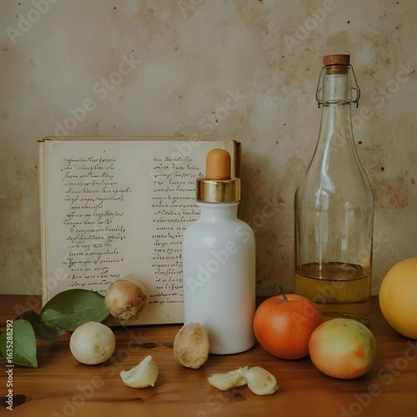 Obraz a vintage still-life painting of olive oil and vegetables