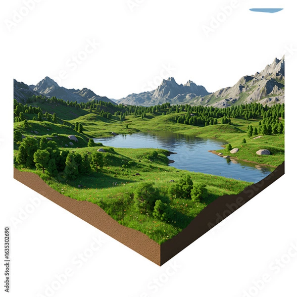 Fototapeta 3d Illustration Of A Mountainous Lake Landscape With Green Trees And Grass