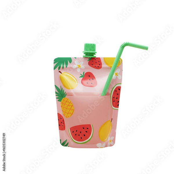 Fototapeta 3D Illustration of a Pink Fruit Juice Pouch with a Green Straw on a Transparent Background