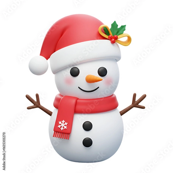 Fototapeta 3D Illustration of a Smiling Snowman in Red Hat and Scarf Isolated on Transparent Background